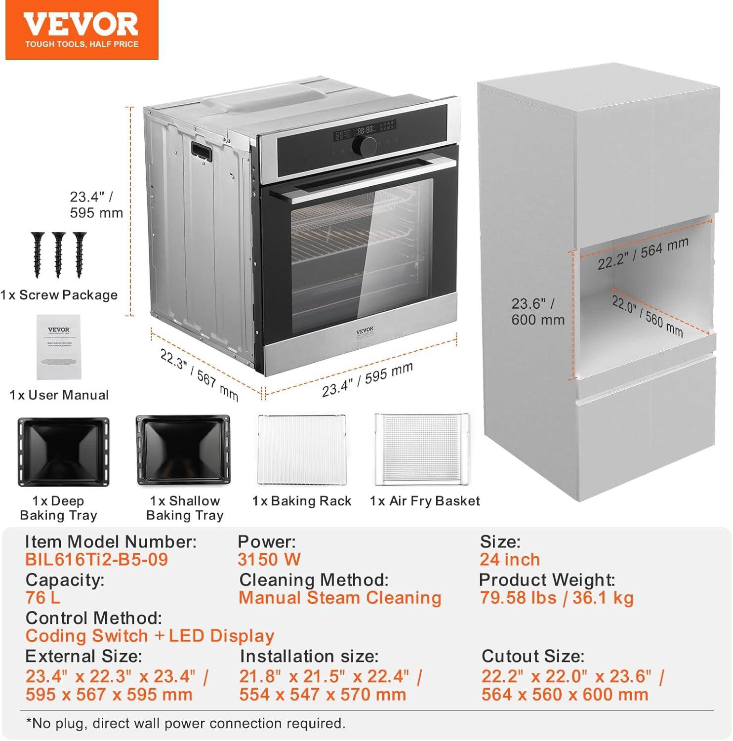 VEVOR 23.4 Electric Wall Oven with Soft Close Door