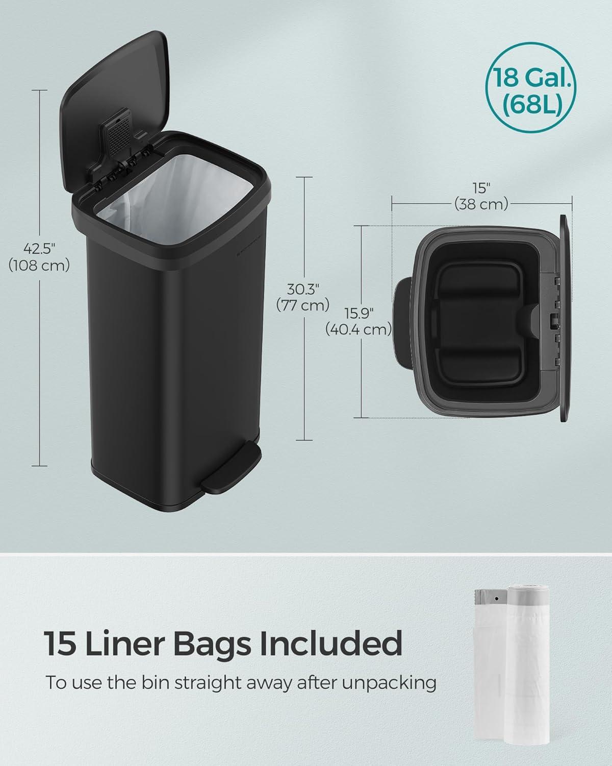 18-Gallon Black Stainless Steel Pedal Trash Can