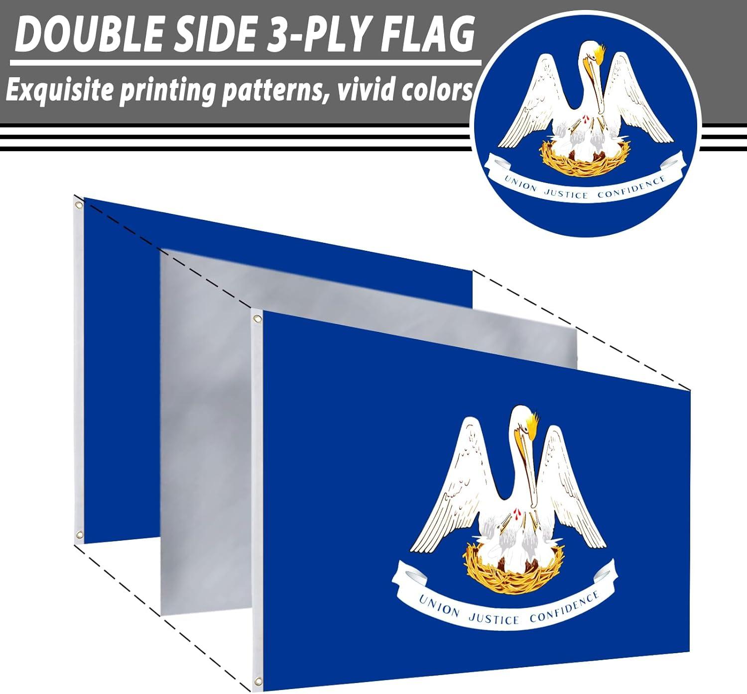 Louisiana State Flag 3x5 Double Sided Outdoor State Flags Heavy Duty 3 Ply with Durable Canvas Header and Brass Grommets Vivid Colors