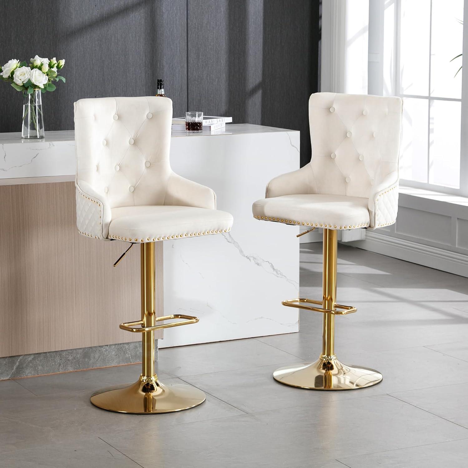Bar Stools Set of 2, Swivel Barstools with Nailheads Trim, Velvet Button Tufted Back and Golden Footrest, Adjustable Counter Height Bar Stools for Kitchen Counter,Home Bar,Pub, Beige