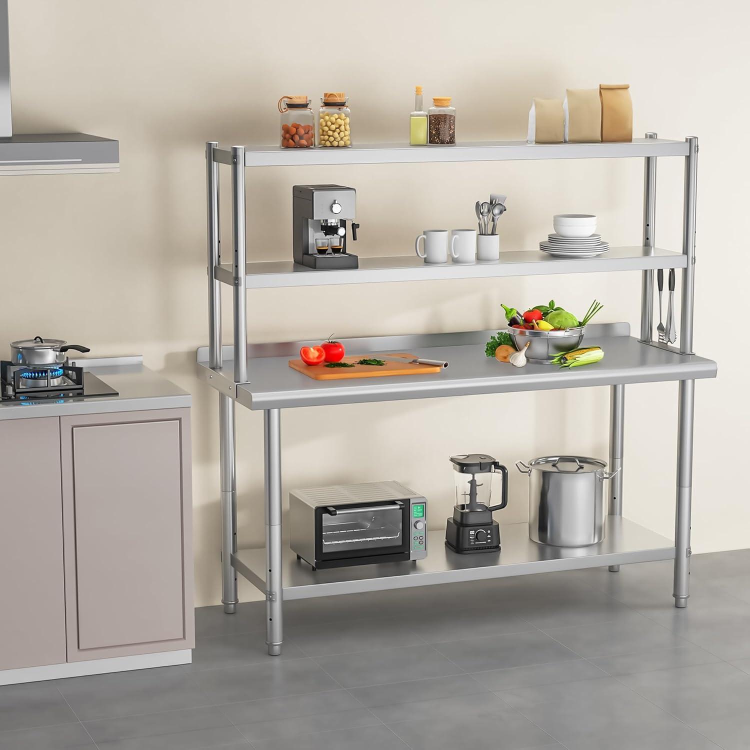 STRELECT 12"x48" Stainless Steel Overshelf for Prep & Work Table, NSF Commercial Adjustable Double Deck Overshelf 2 Tier for Restaurant, Bar, Utility Room, Kitchen and Garage