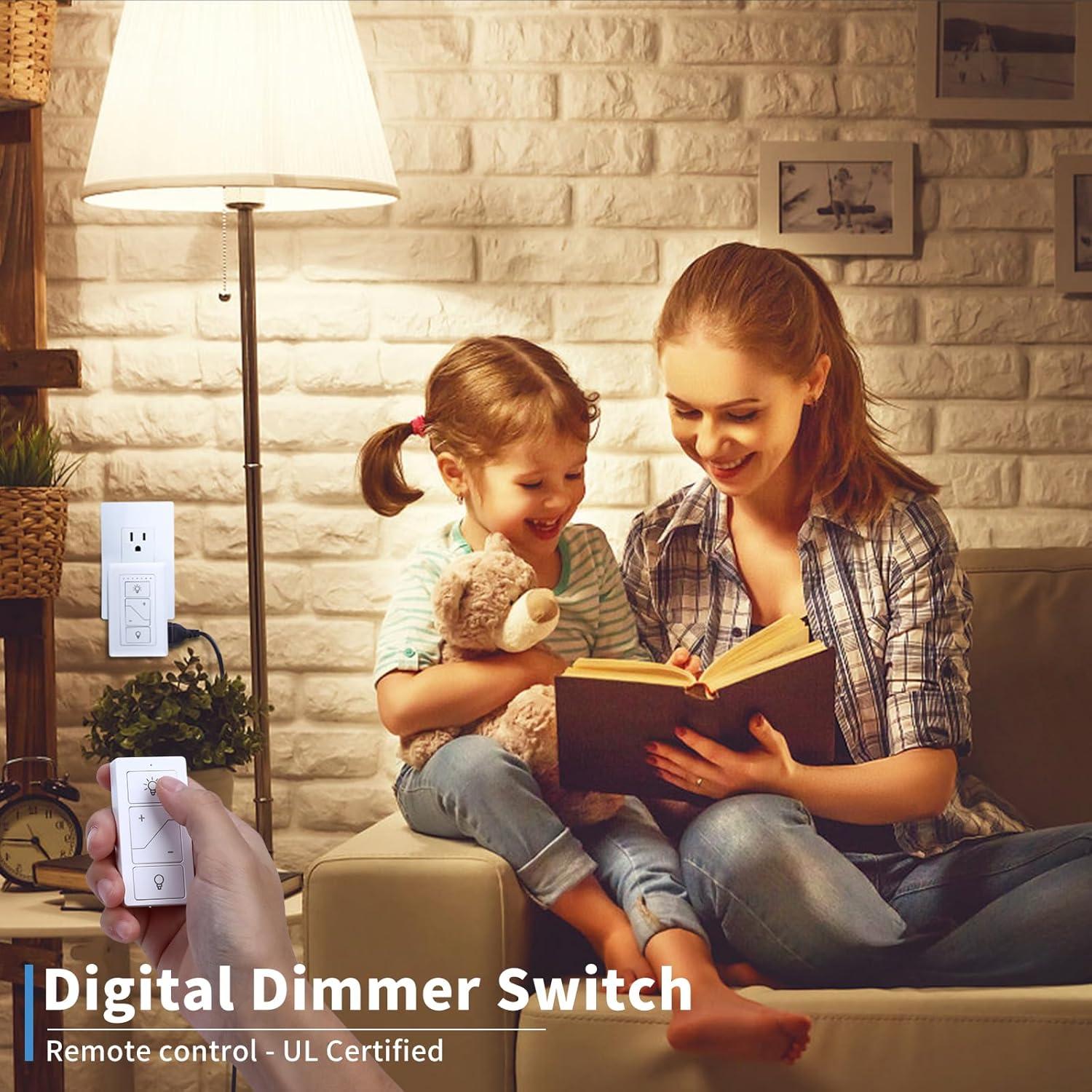 Plug in Lamp Dimmer, Smart Plug in Lamp Dimmer with Remote, Digital Dimmer Light Switch for Dimmable LED/CFL Lights and Incandescent/Halogen