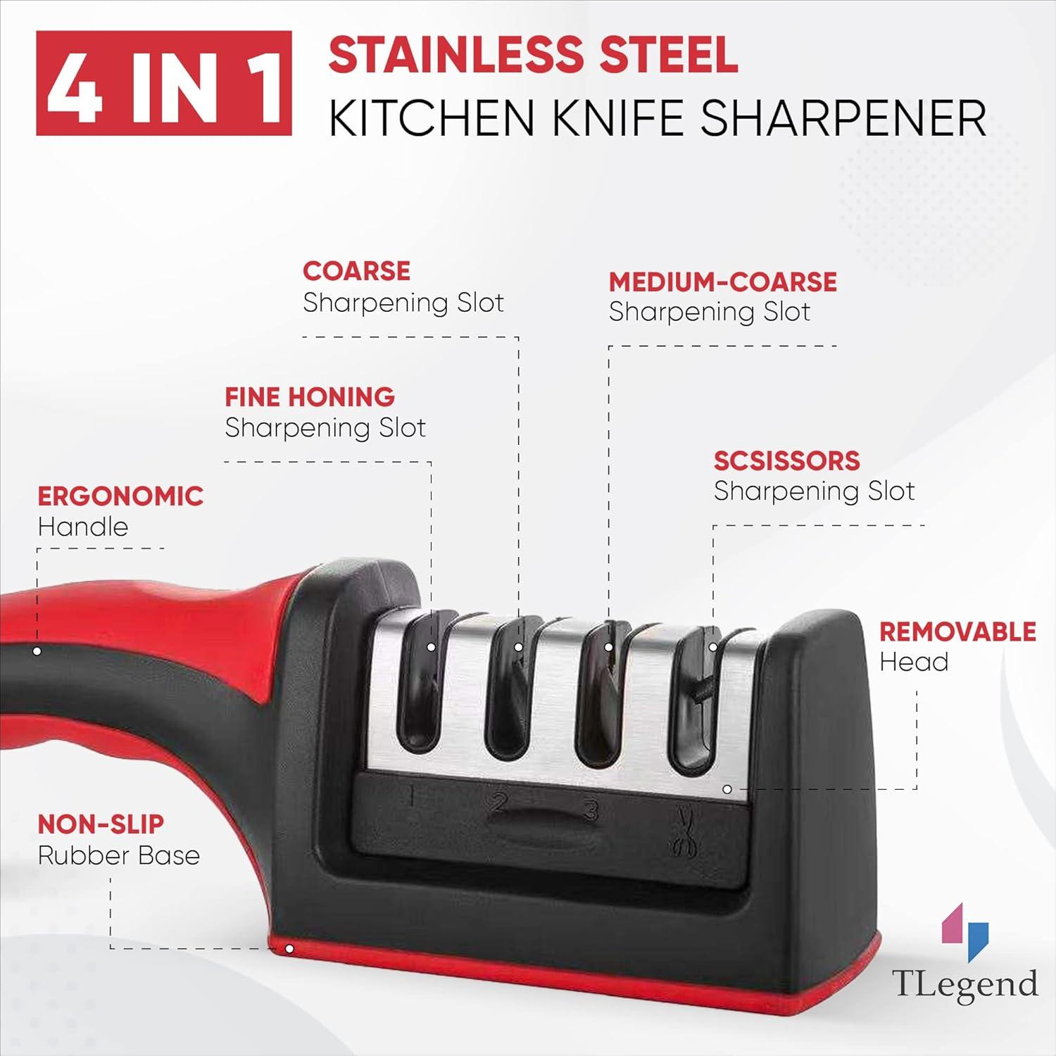 Knife Sharpeners for Kitchen Knives, Stainless Steel 4 in1 Kitchen Knife Sharpener, Ergonomic and Easy to Use Knife Sharpening Kit with 4 Stage Sharpening Slots