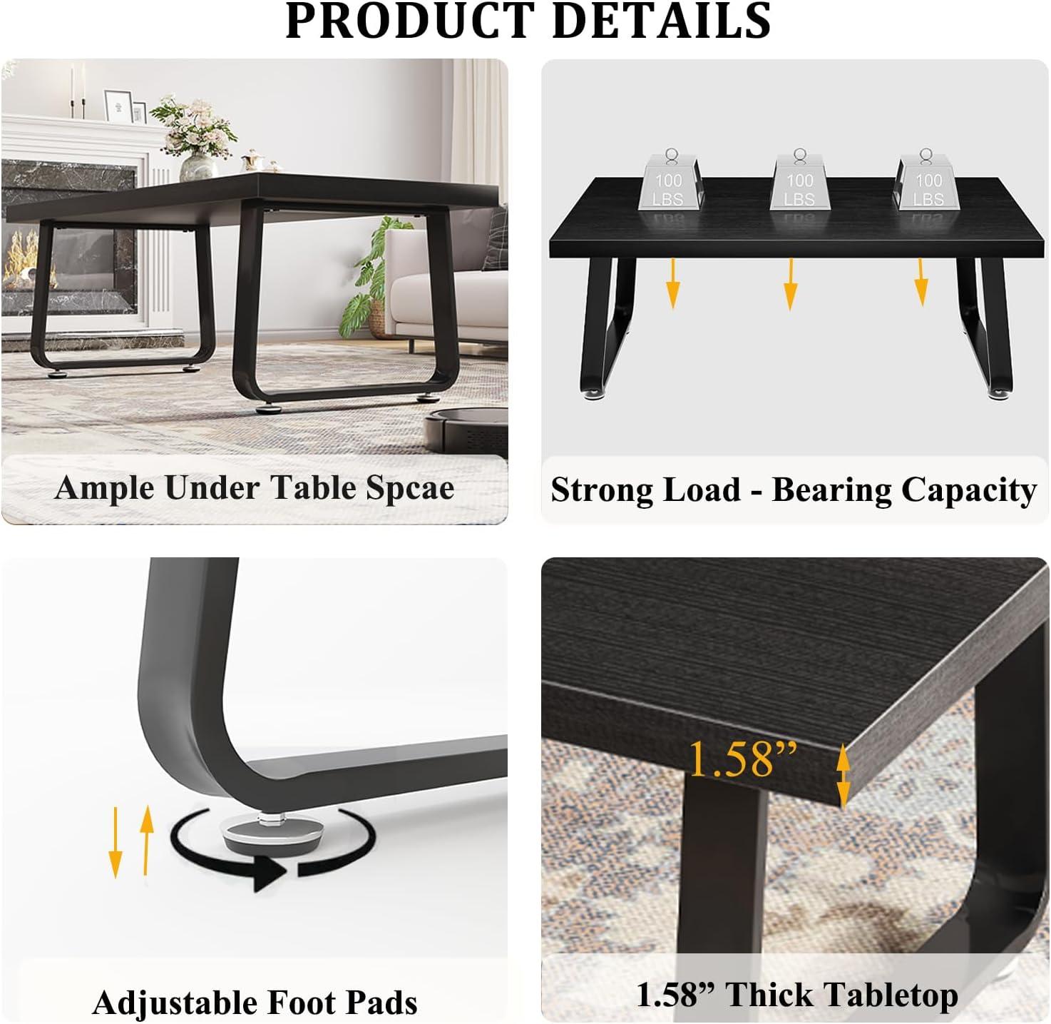 Latitude Run® Black Coffee Table, Industrial Wood And Metal Legs Center Table, Black Oak, 47 Inch