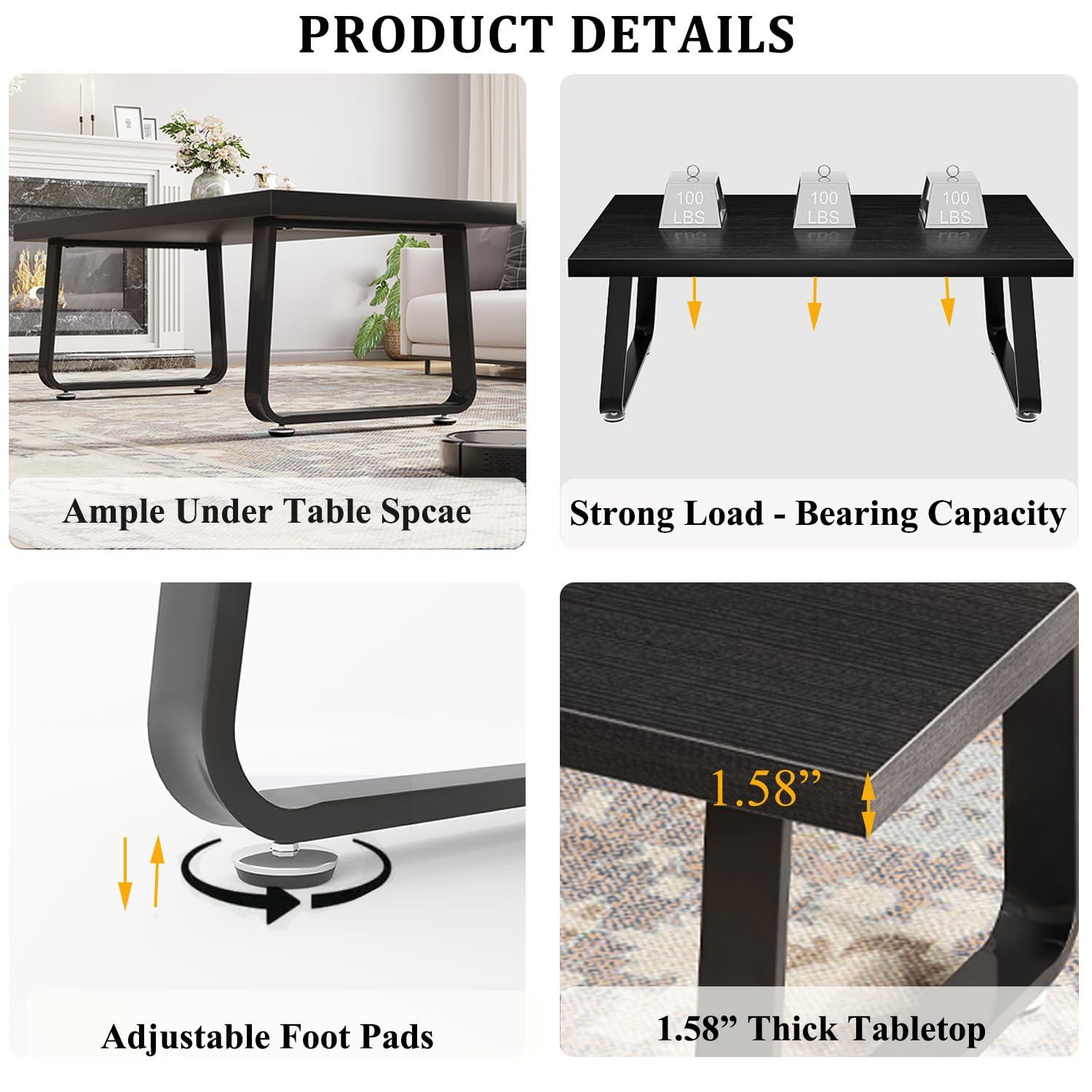 Latitude Run® Black Coffee Table, Industrial Wood And Metal Legs Center Table, Black Oak, 47 Inch