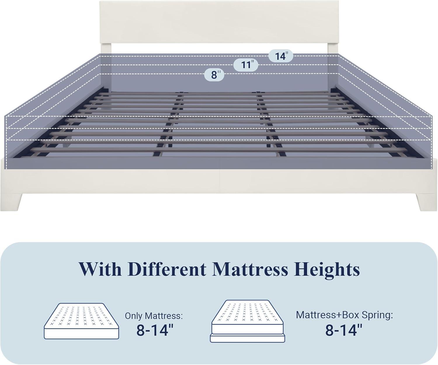 Allewie King Size Bed Frame with Adjustable Headboard, Faux Leather Platform Bed with Wood Slats, Heavy Duty Mattress Foundation, No Box Spring Needed, Noise-Free, Easy Assembly, White