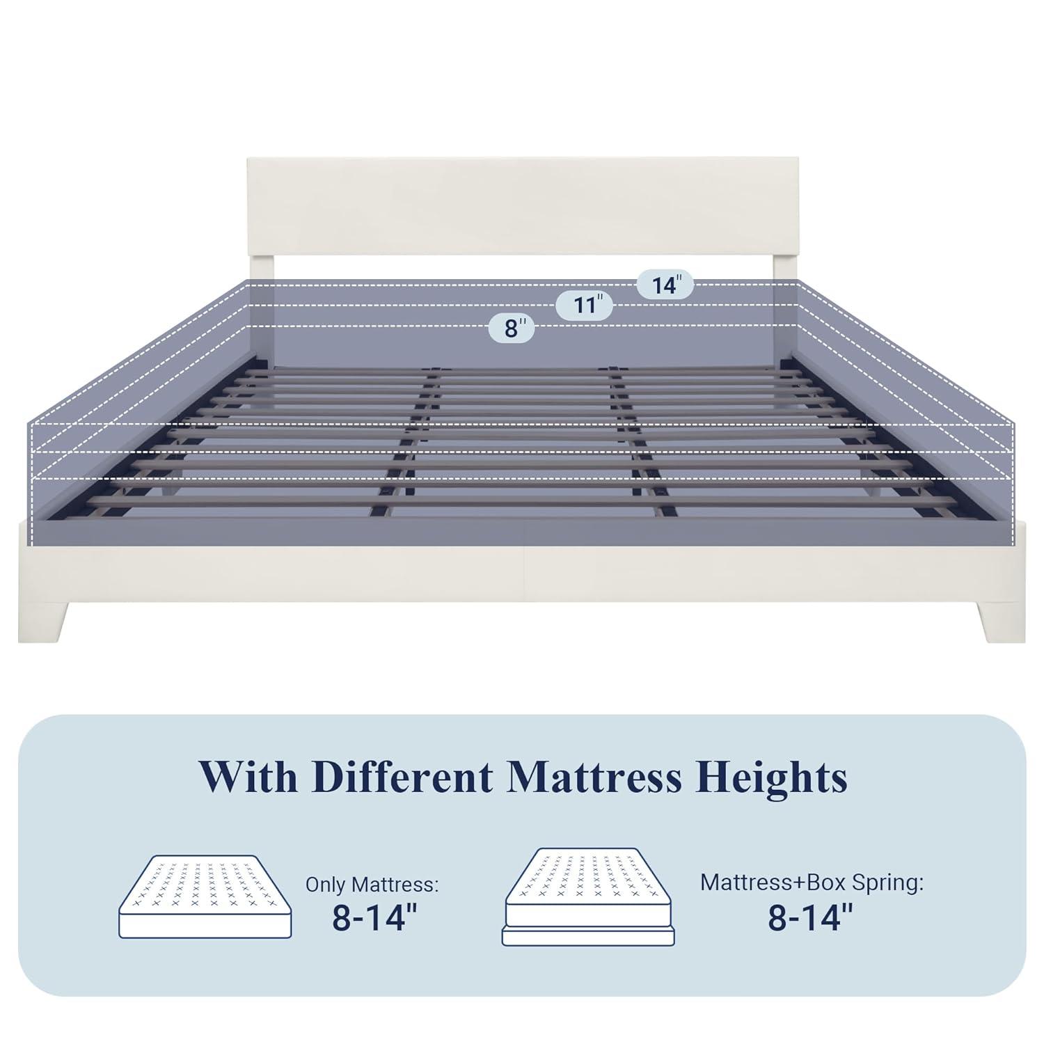 Allewie King Size Bed Frame with Adjustable Headboard, Faux Leather Platform Bed with Wood Slats, Heavy Duty Mattress Foundation, No Box Spring Needed, Noise-Free, Easy Assembly, White