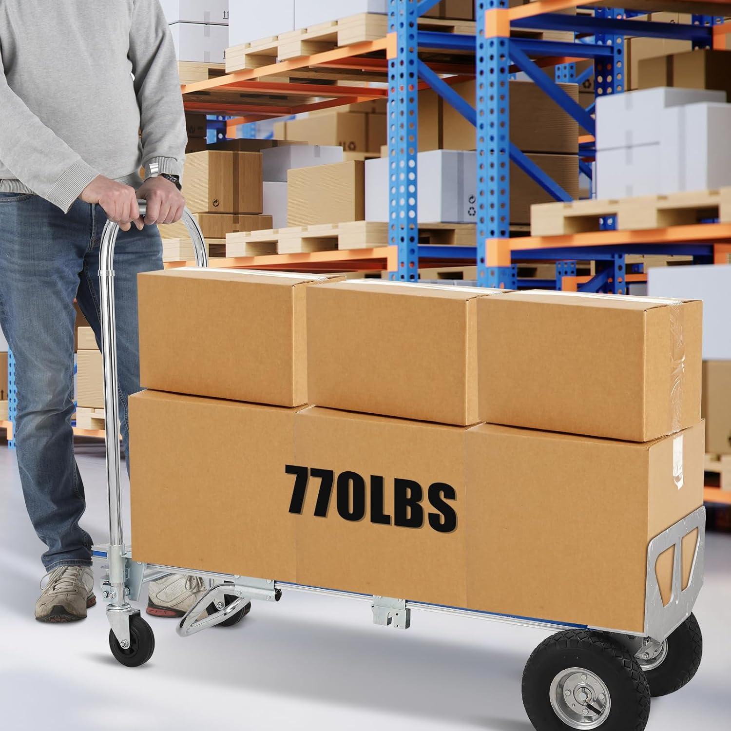 Silver Aluminum Folding Hand Truck Dolly with Wheels, 770 lbs Capacity