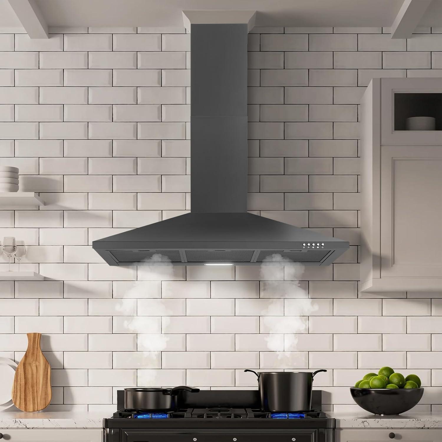 36-Inch Black Stainless Steel Under Cabinet Range Hood with LED Light