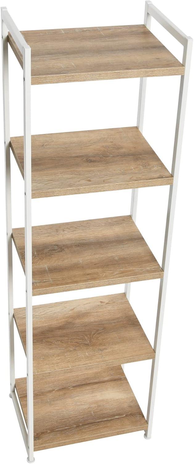 Household Essentials Tower Bookshelf, Tall and Narrow Bookshelf with 5 Shelves, Coastal Oak Wood Grain and White Metal, Coastal and Modern