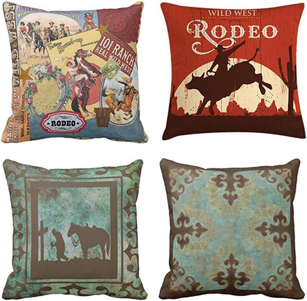 Set of 4 Throw Pillow Covers Vintage Western Cowboy Wild Modern West Riding Bull Wooden Decorative Pillow Cases Home Decor Square 18x18 Inches Pillowcases