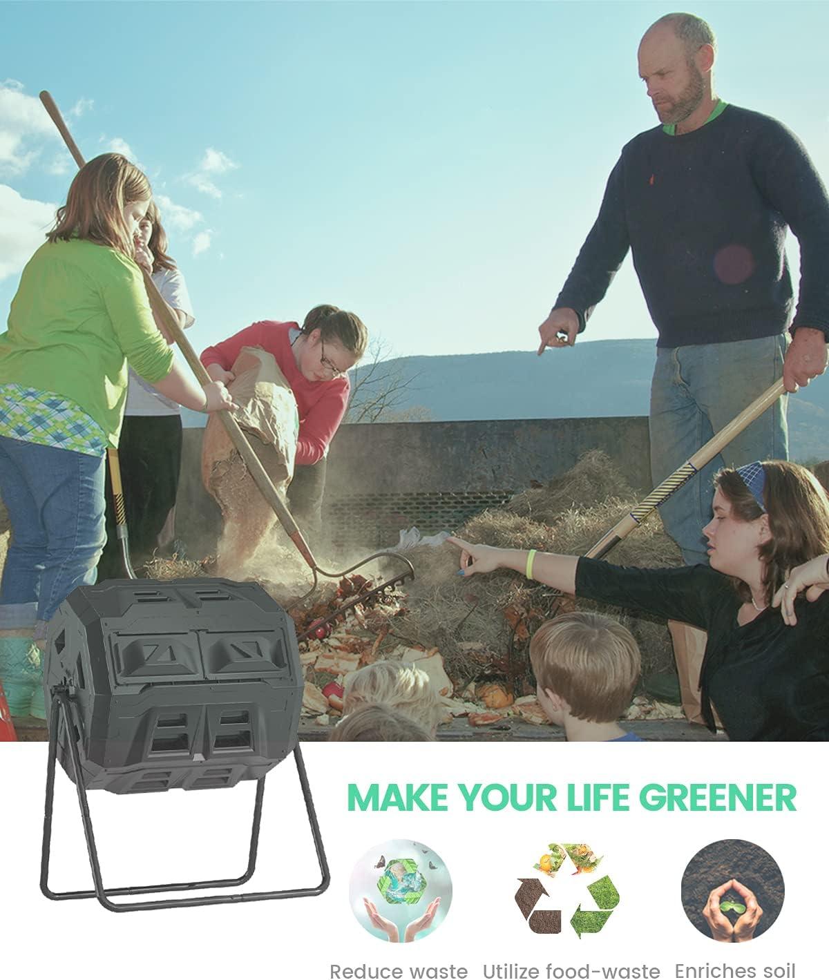 2021 Upgraded Tumbling Composter with Compost Thermometer - Dual Chamber Garden Tumbler Compost Bin