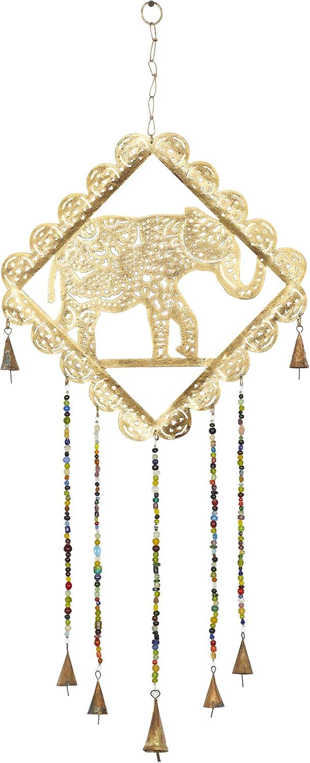 DecMode 29" Gold Metal Elephant Windchime with Glass Beads and Cone Bells