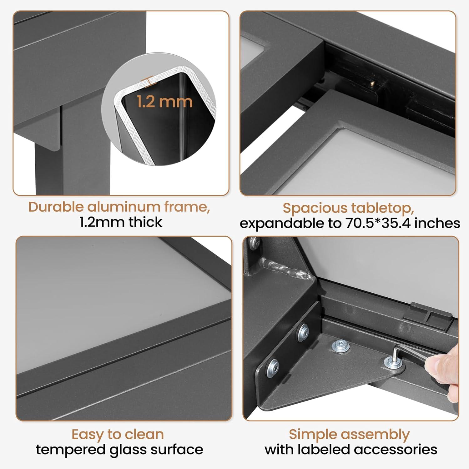 Modern Aluminum Outdoor Dining Table - Expandable Patio Glass Dining Table for 6-8, Extendable Aluminum Patio Extender Table 35" to 70" for Backyard, Porch, Deck, Garden, Tempered Glass Gray