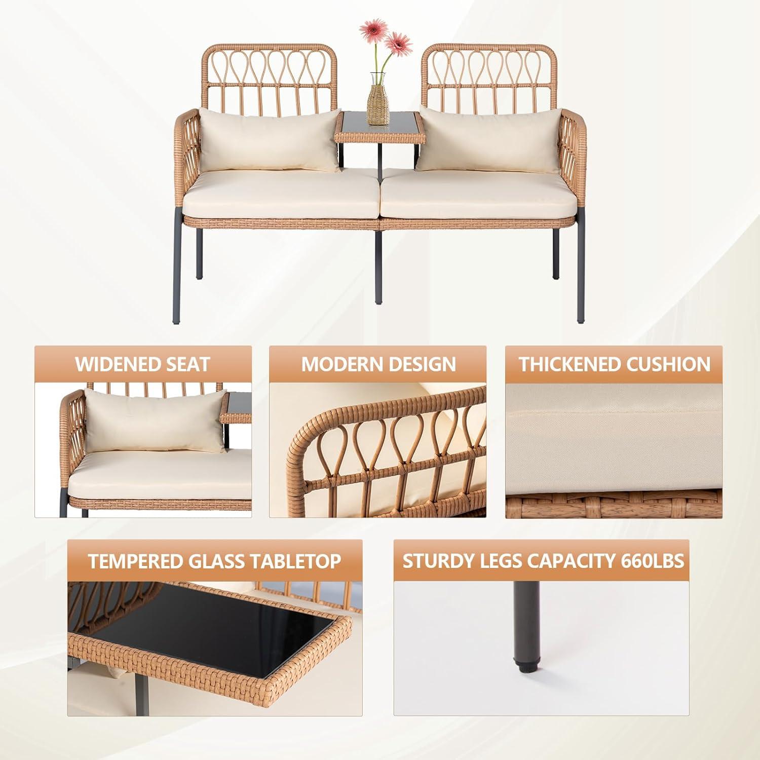 Outdoor Loveseat 2 Pieces Patio Furniture Set, Porch Furniture Wicker Large Loveseats, Patio Conversation Sets with Cushions & Lumbar Pillows and Built-in Table