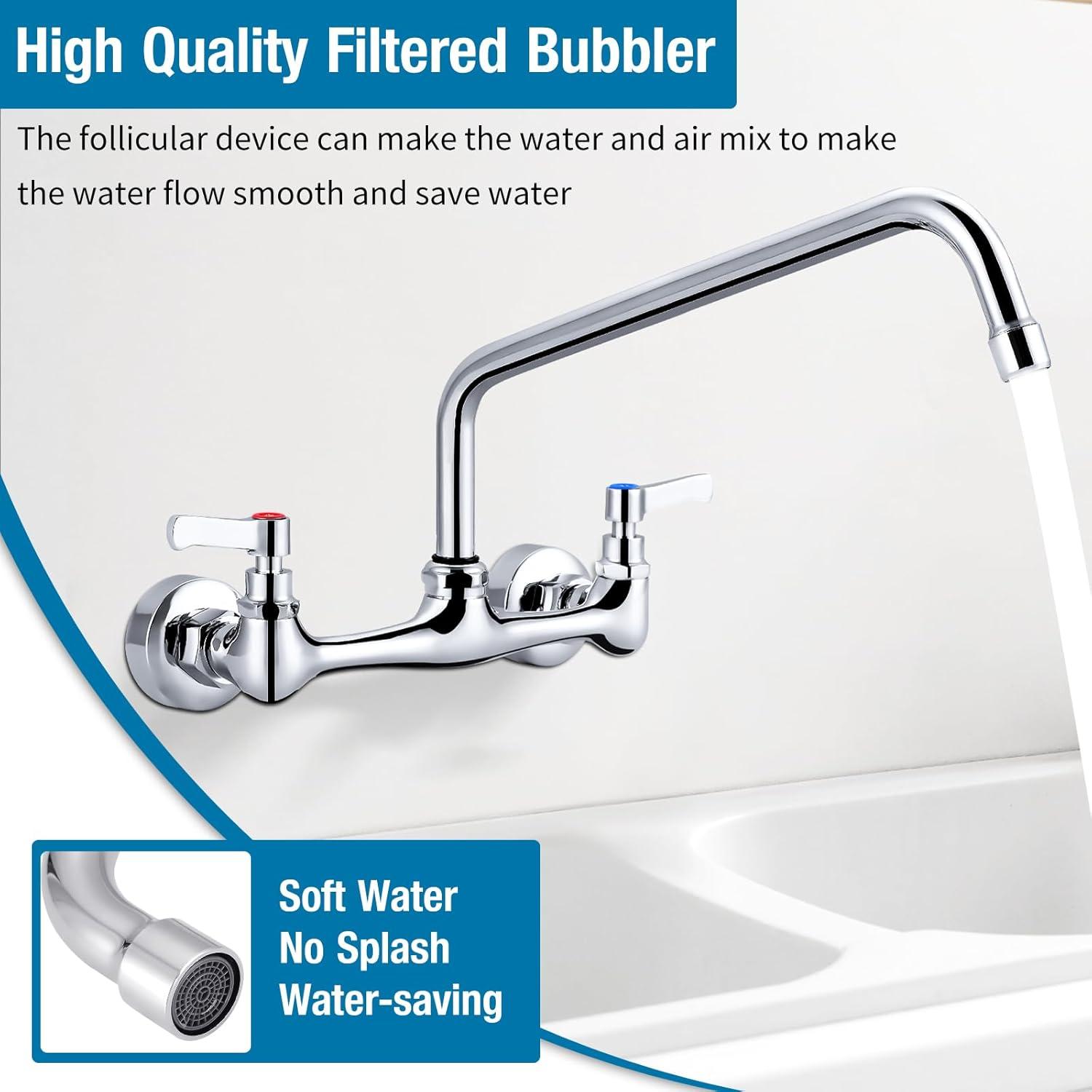 Chrome Wall Mounted Double Handle Kitchen Faucet with 12" Swivel Spout