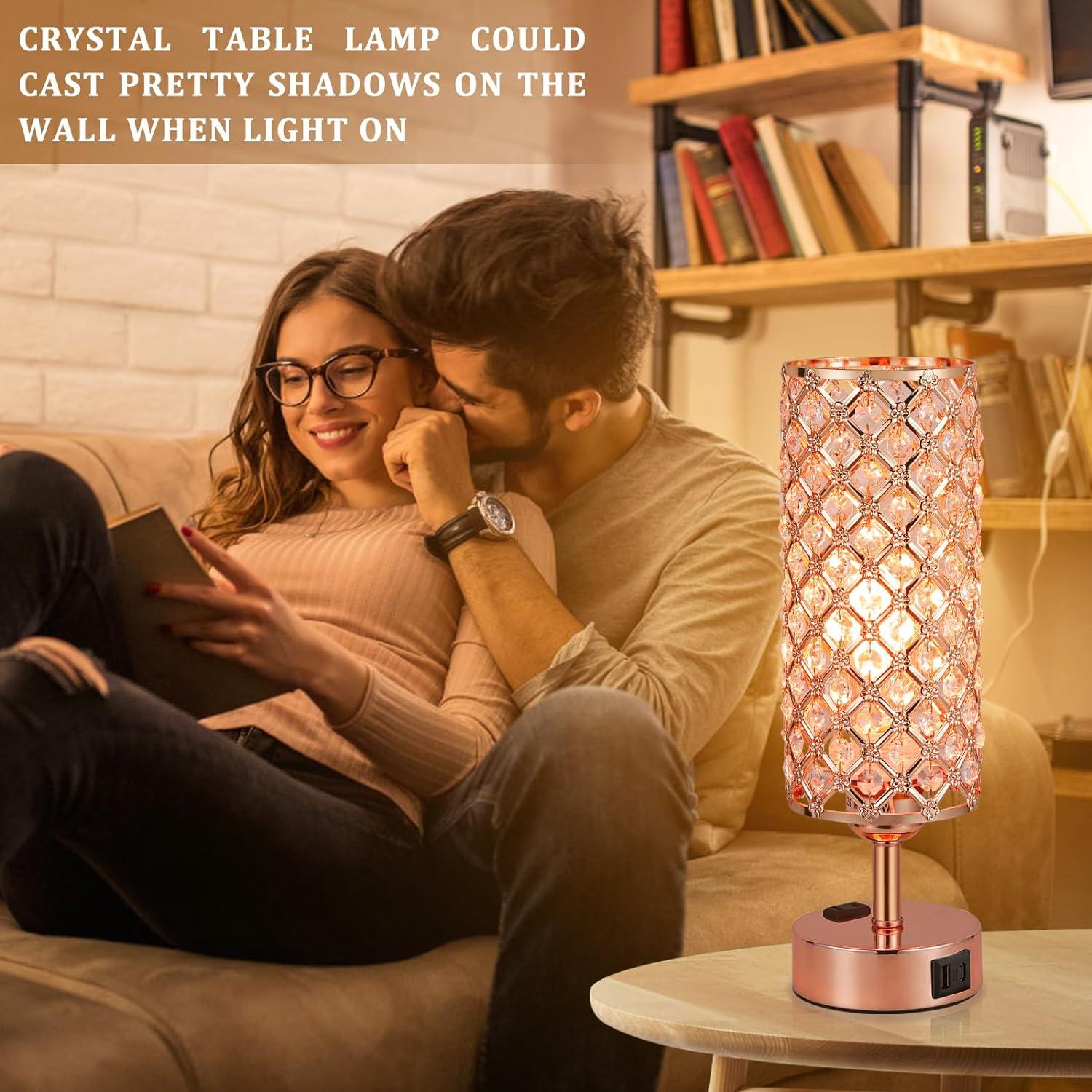 Rose Gold Crystal Touch Table Lamp with USB Ports