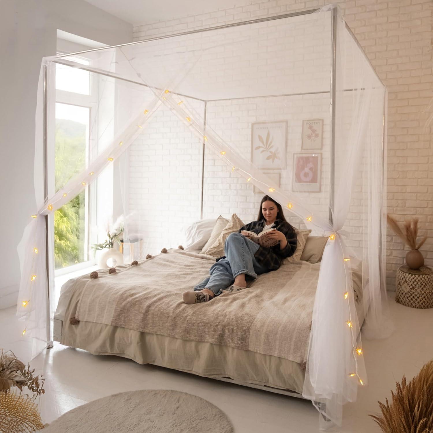 Canopy Bed Curtains with Lights, White Bed Canopy For Girls & Adults | Fits Single, Full, Double, Queen | Bed Curtains From Ceiling Or Bed Frame, Bed Curtains, Bed Canopies & Drapes, Princess Bed