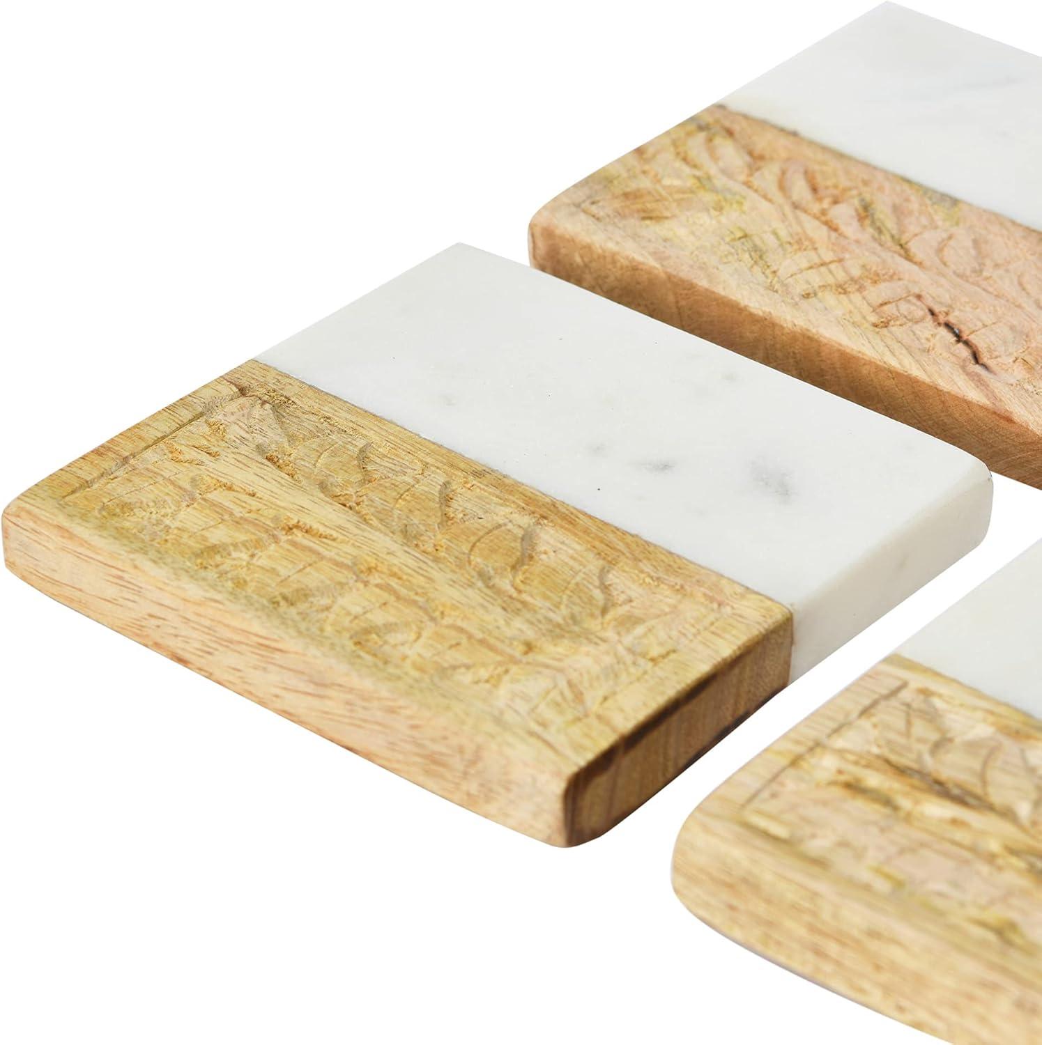 Hand-Carved Mango Wood and Marble Square Coasters, Set of 4