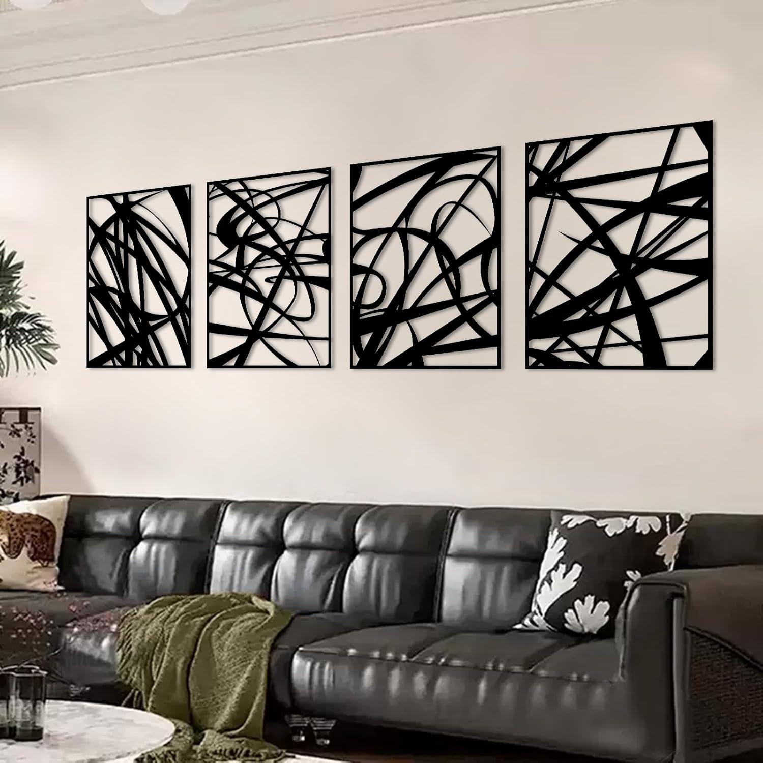 WINUSD 4Pcs Abstract Black Metal Wall Art, 3D Textured Metal Wall Decor, Modern Hollow Out Design Metal Wall Sculptures, Minimalist Line Art Home Decor for Living Rooms Offices Restaurants(16 x 11)