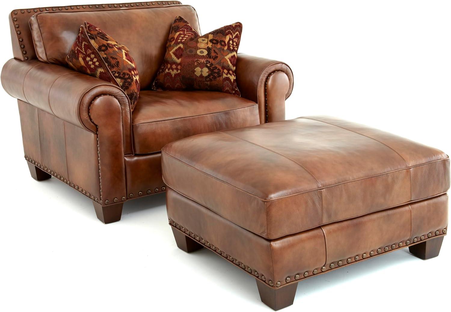 Silverado Rustic Brown Leather Ottoman with Nail-Head Trim