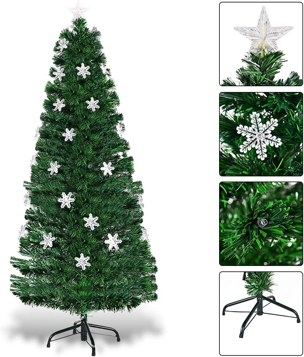 Tangkula 5'Pre-Lit Optical Fiber Artificial Christmas Tree w/ Multicolor LED Lights Snowflakes