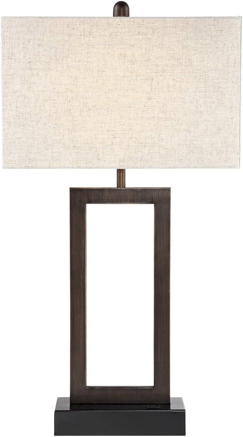 360 Lighting Todd Modern Table Lamp 30" Tall Bronze Rectangular with USB and AC Power Outlet in Base Oatmeal Fabric Shade for Living Room Office House