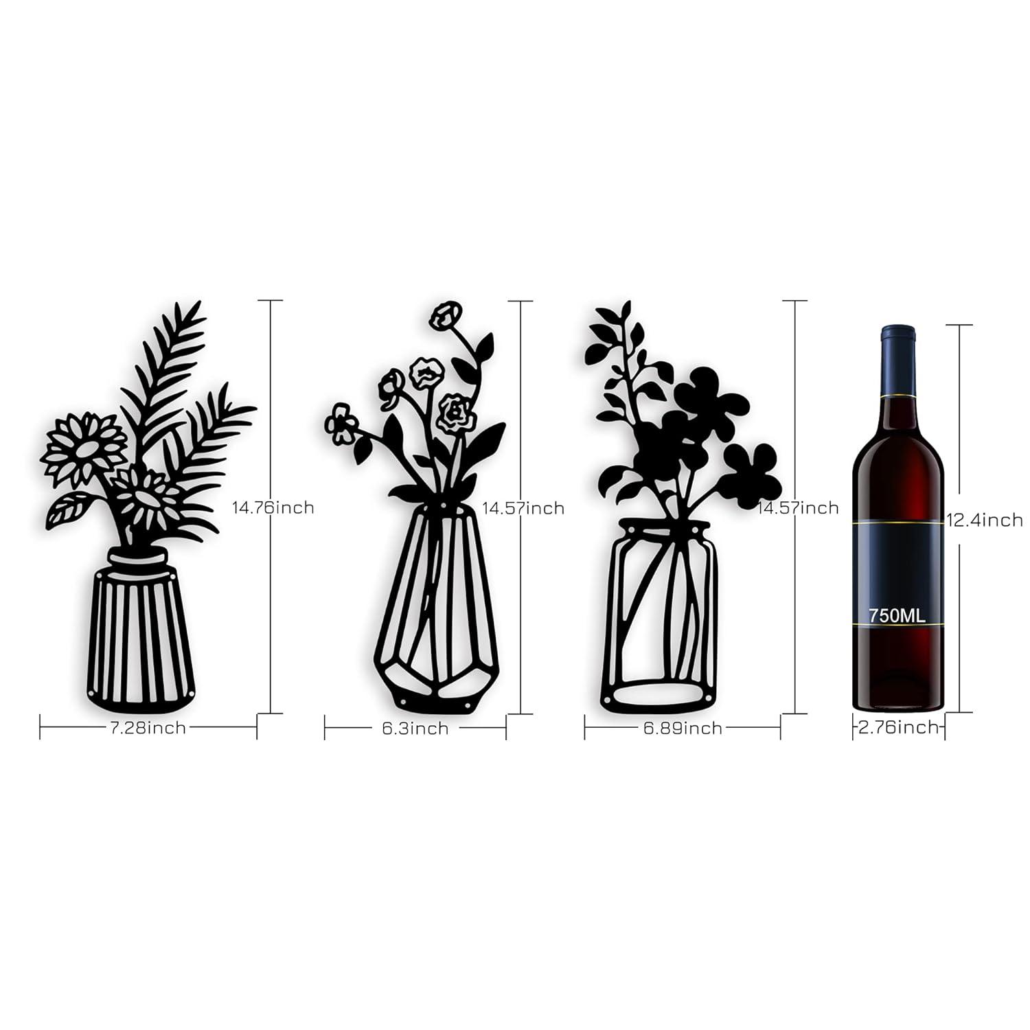 3 Pieces Black Metal Flowers Wall Decor Vase Art Sculptures Hanging for Indoor Kitchen Bathroom Dining Room Patio, 14.56x7.48 Inches