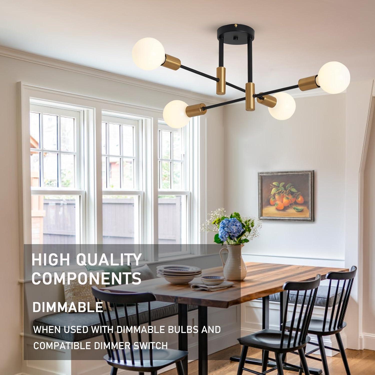 Sputnik Chandelier - 4-Light Semi Flush Mount Ceiling Light Fixture,Mid Century Modern Hanging Light Fixtures,Black and Gold Chandeliers for Dining Room Bedroom Living Room Kitchen Foyer