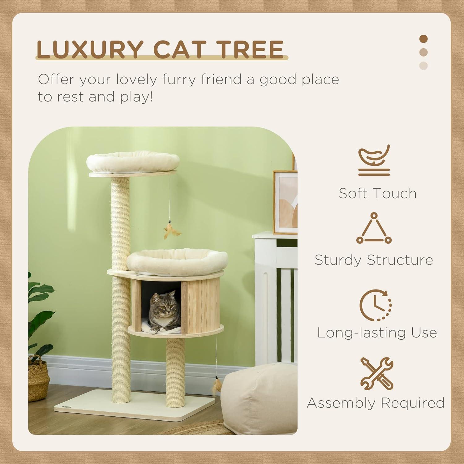 PawHut 3-Level Cat Tree with Sisal Scratching Posts for Playing