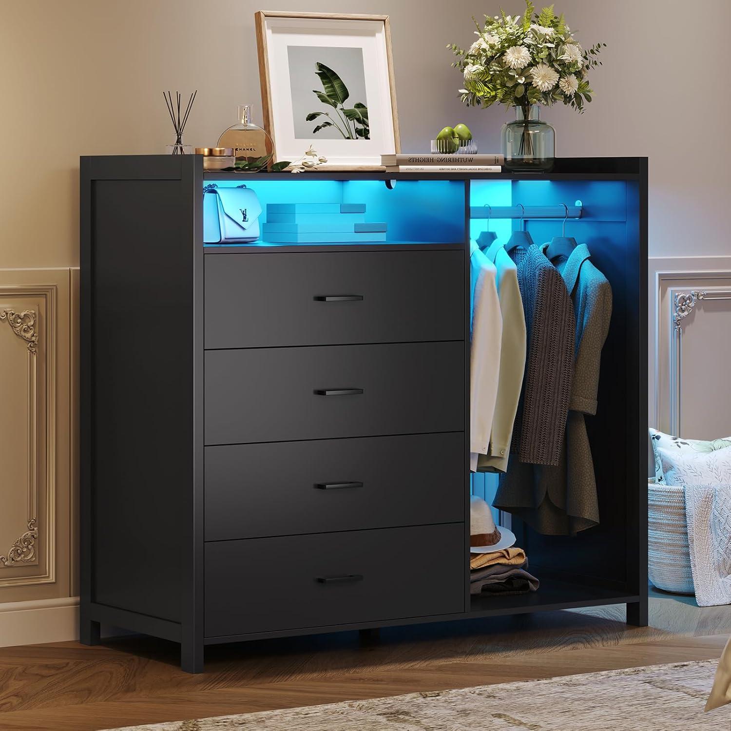 Black Modern 4-Drawer Dresser with LED Lights and Clothing Rack