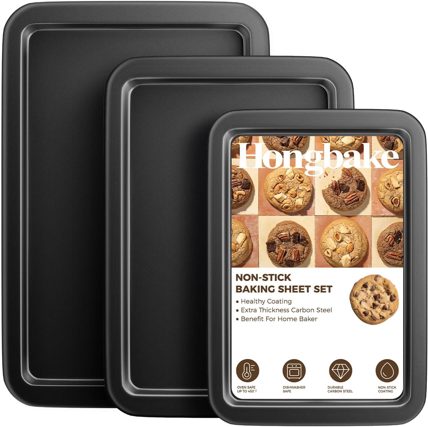 APPENIN WINTER PARK CORP Baking Sheet Pan Set, Cookie Sheet For Oven, Nonstick Bakeware Sets With Wider Grips, 3 Pack Half/Jelly Roll/Quarter Baking Tray, Premium, Dishwasher Safe - Dark Grey