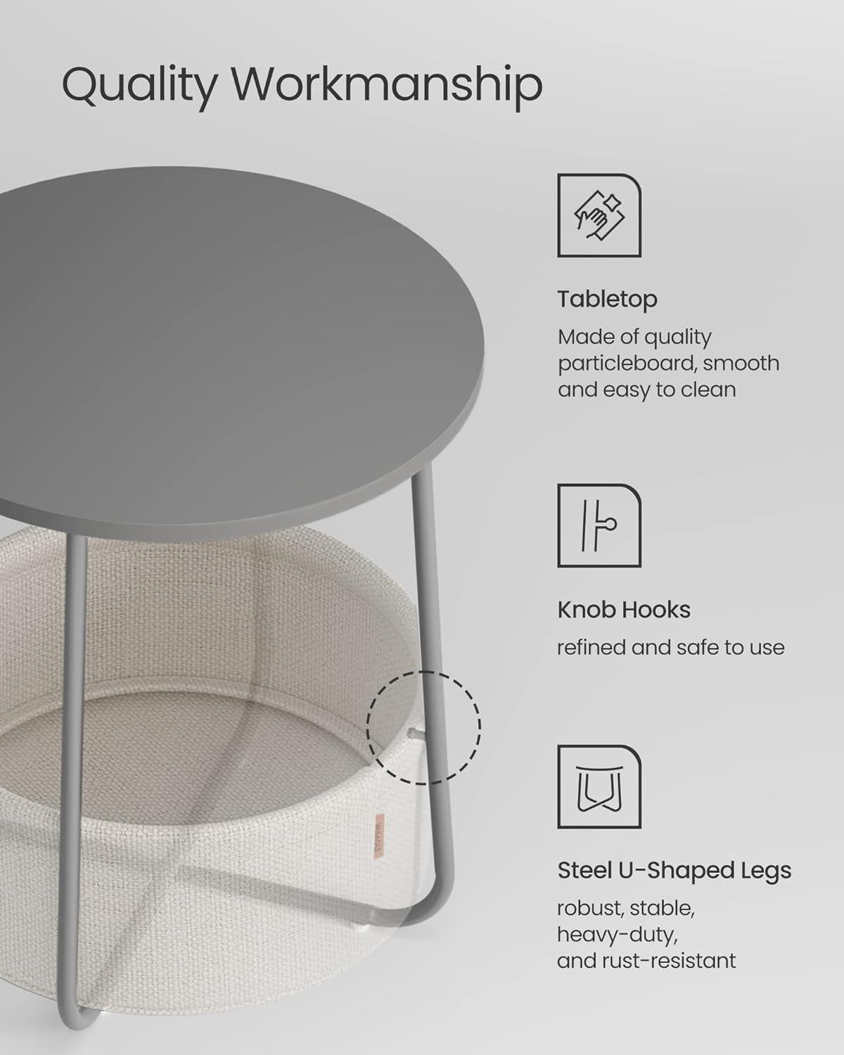 Cement Gray Round Metal End Table with Fabric Basket