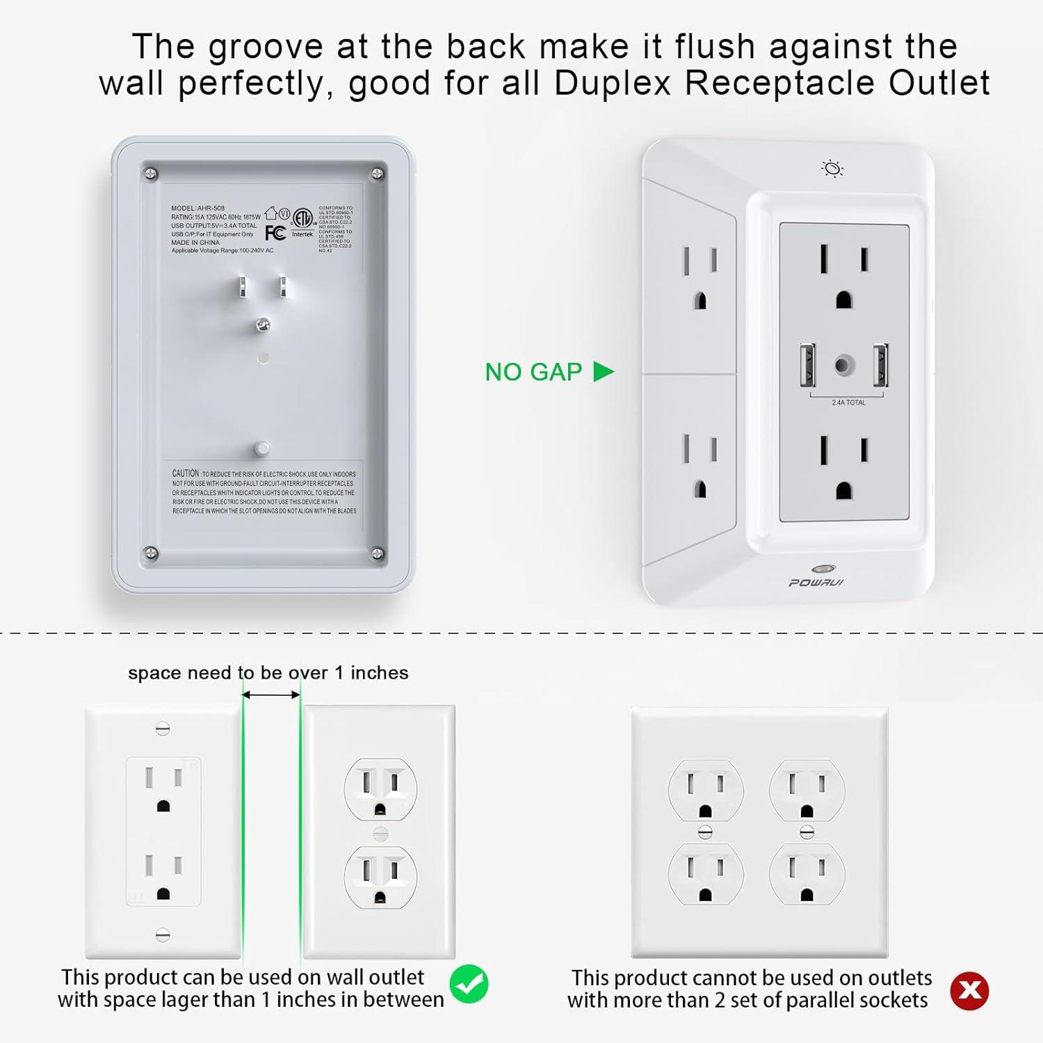 Outlet Extender Power Strip, POWRUI 6 AC Surge Protector Outlets with 3 USB Ports (1 USB C) and Night Light, 3-Sided Multi Plug Wall Outlet with Spaced Outlets - Black, ETL Listed