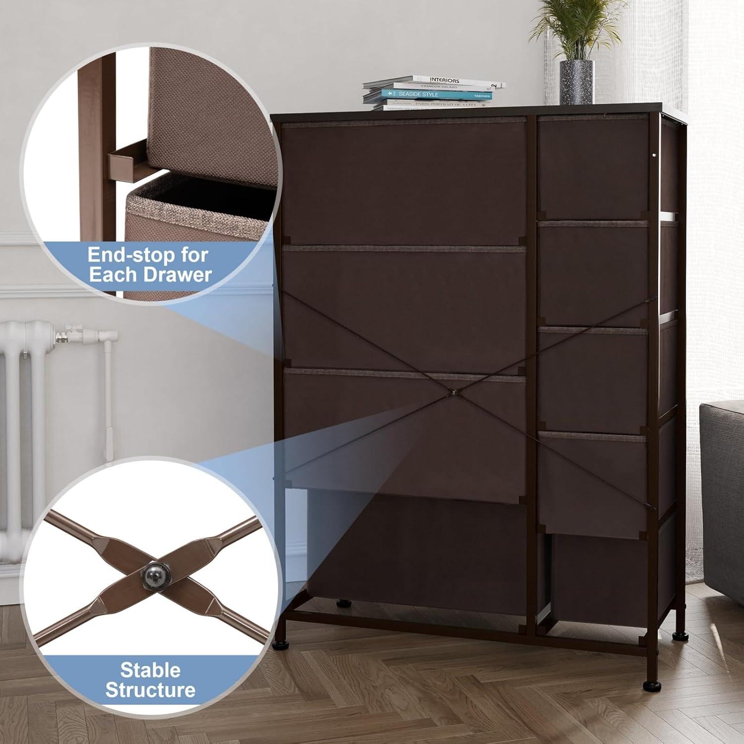 Brown Vertical 9-Drawer Fabric and Steel Storage Tower