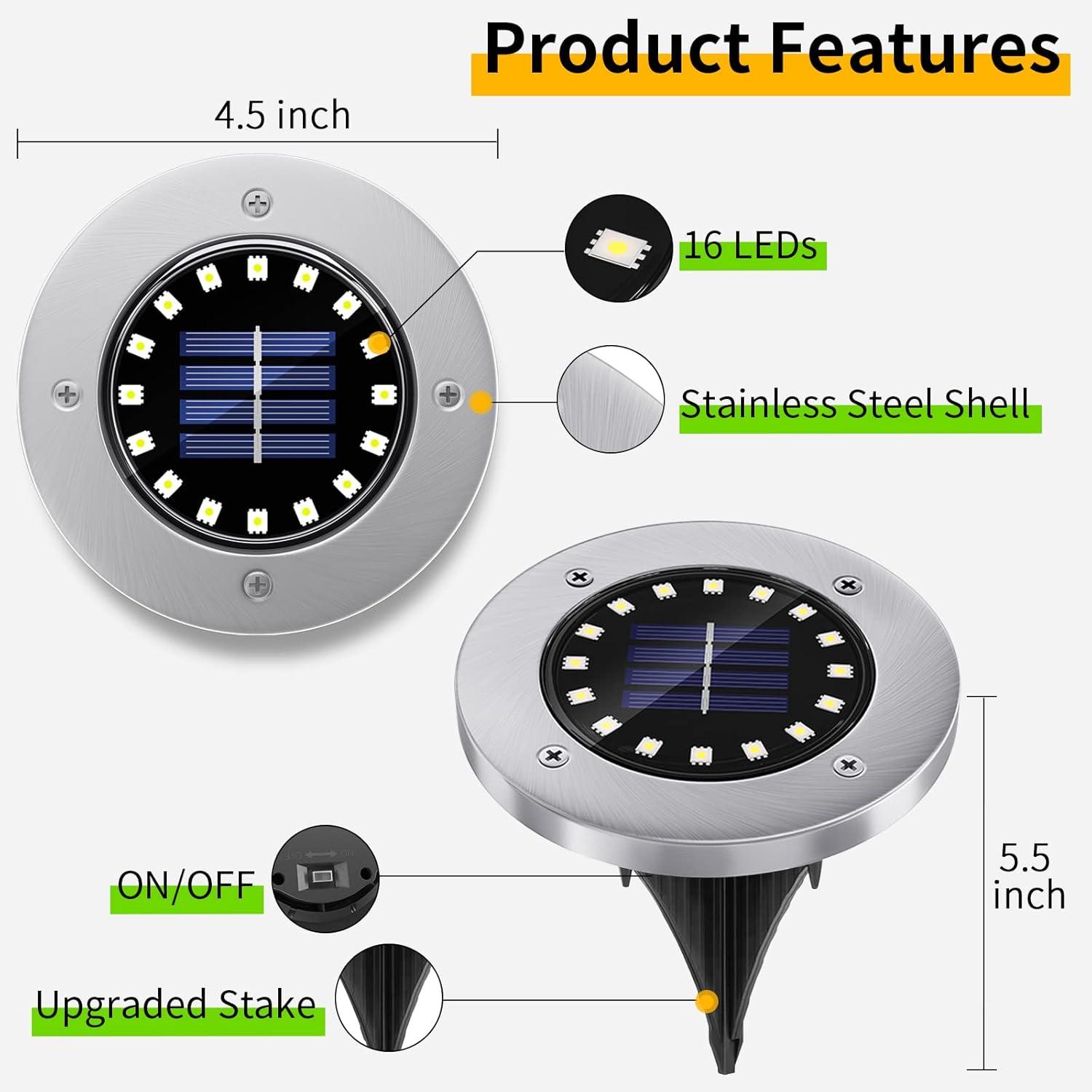 Solar Lights Outdoor, 16 LEDs Solar Ground Lights Waterproof Solar Landscape Lights for Pathway Garden Walkway Driveway Yard Decorations Multi-Color - 8 Pack