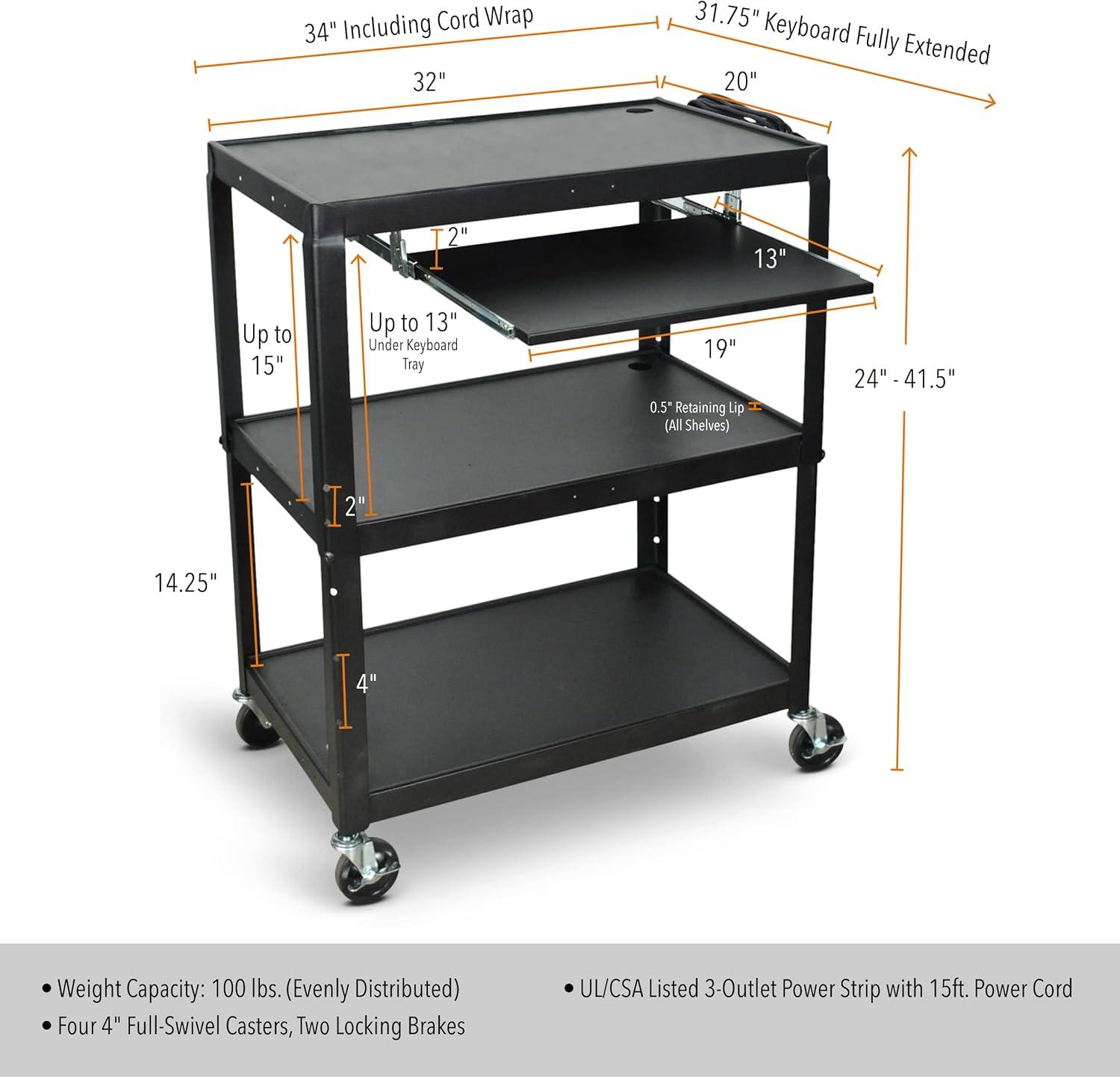 Black Adjustable Steel AV Cart with Lockable Wheels and Keyboard Tray