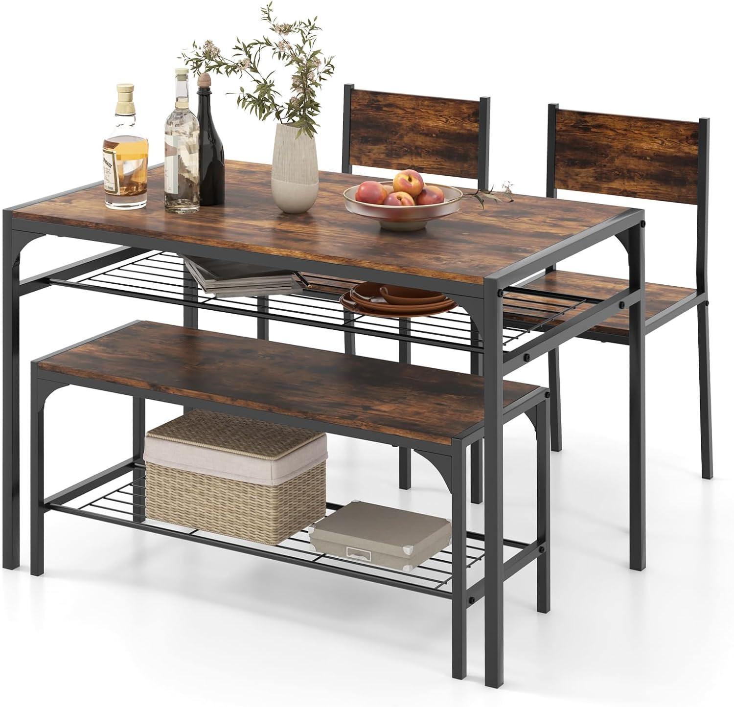 Costway Dining Table Set for 4 Rectangular Table with 2 Chairs, 1 Bench, Storage Racks Rustic Brown/Grey