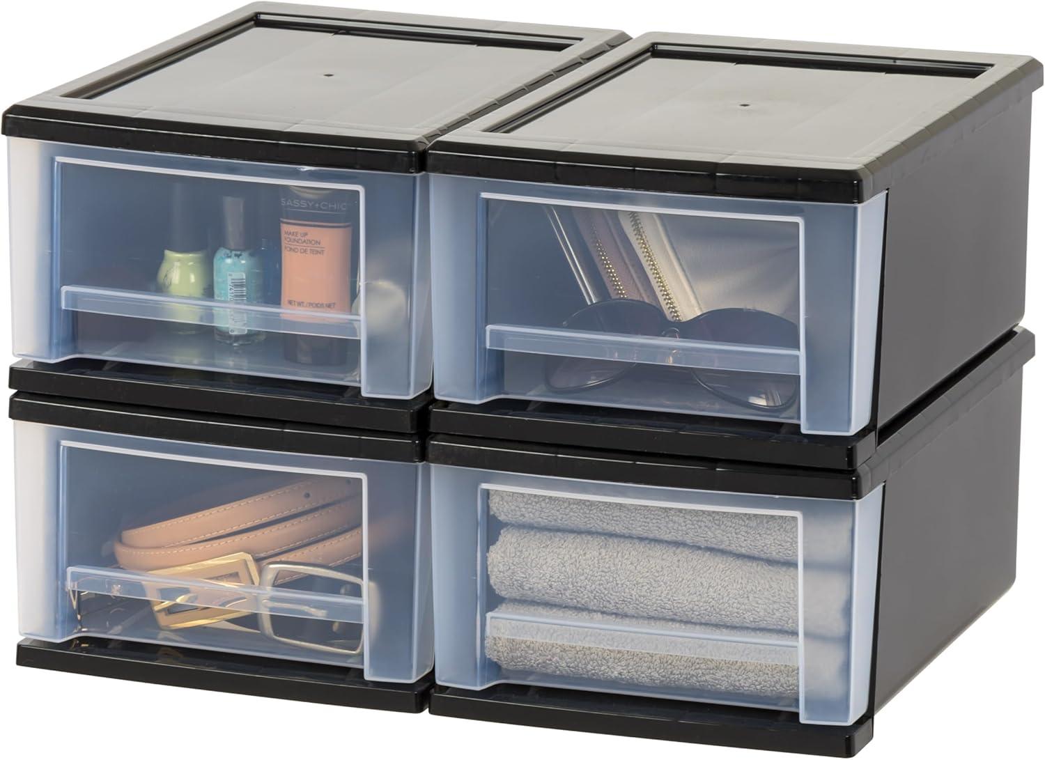 Sleek Black 7qt Stackable Plastic Storage Drawers - Set of 4