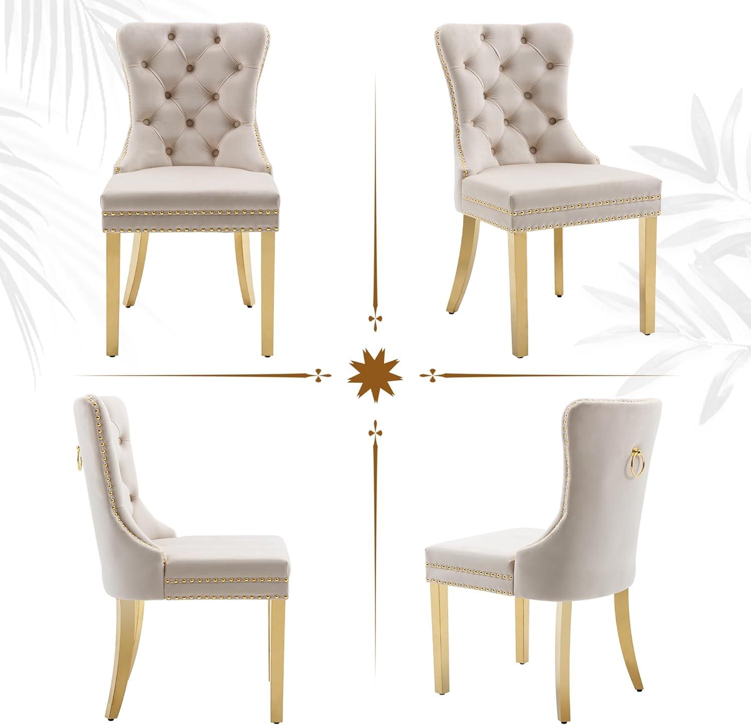 BELLEZE Upholstered Dining Chairs Set of 2, Velvet Luxury Dining Room Chairs with Button Back, Nailhead Trim, Pull-ring, Solid Wood Legs for Kitchen, Living Room, Restaurant - Chandler (Beige)