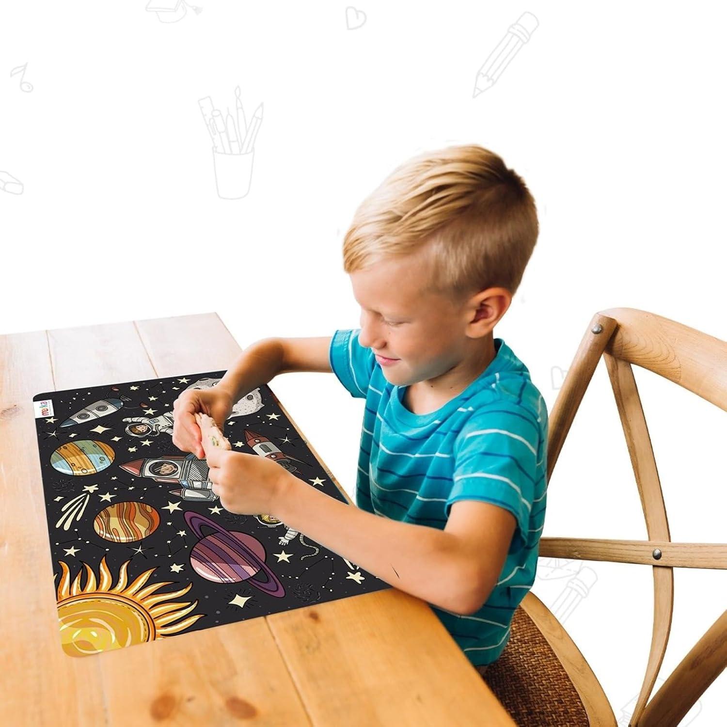 merka Kids Wipeable Plastic Placemats for Dining Table - Ocean, Space, Jungle, Unicorns for Ages 2 and Up, Set of 4