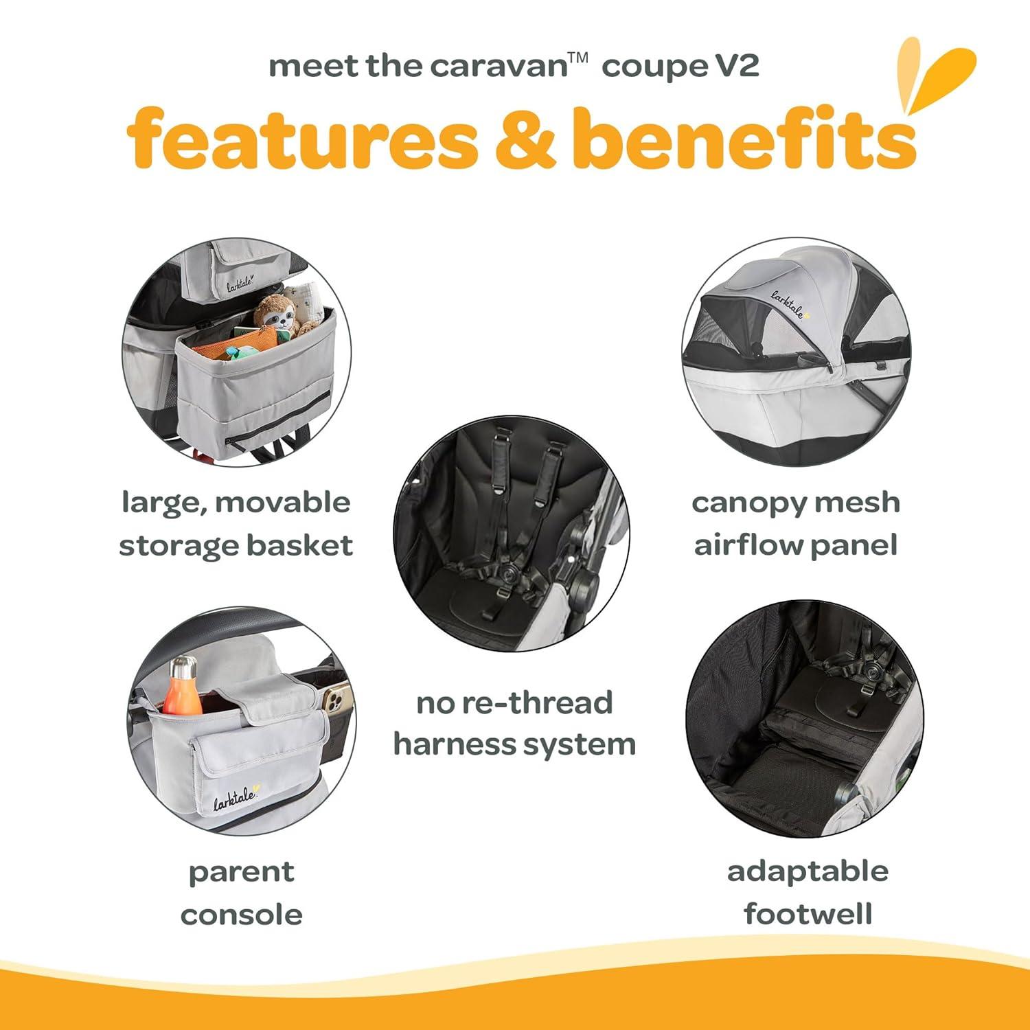 Larktale Caravan Coupe V2 Compact Stroller Wagon with Reclining Seats - Gray/Blue