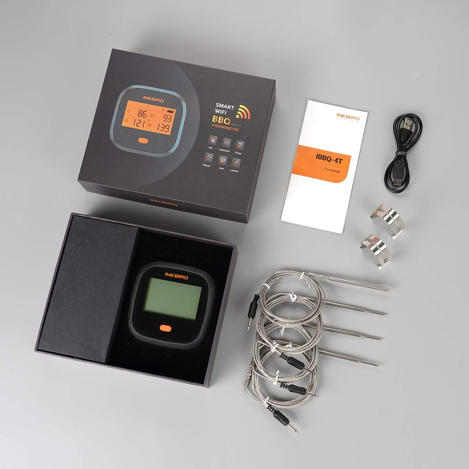 Inkbird IBBQ-4T Wi-Fi Rechargeable CD Display Timer Alarm BBQ Meat Thermometer with 4 Probes