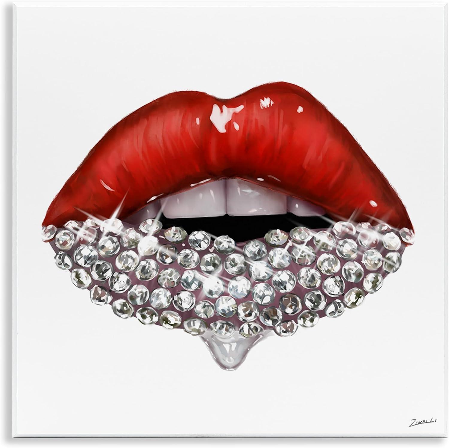 Red Glam Lips with Glistening Stones MDF Wall Art, 12x12