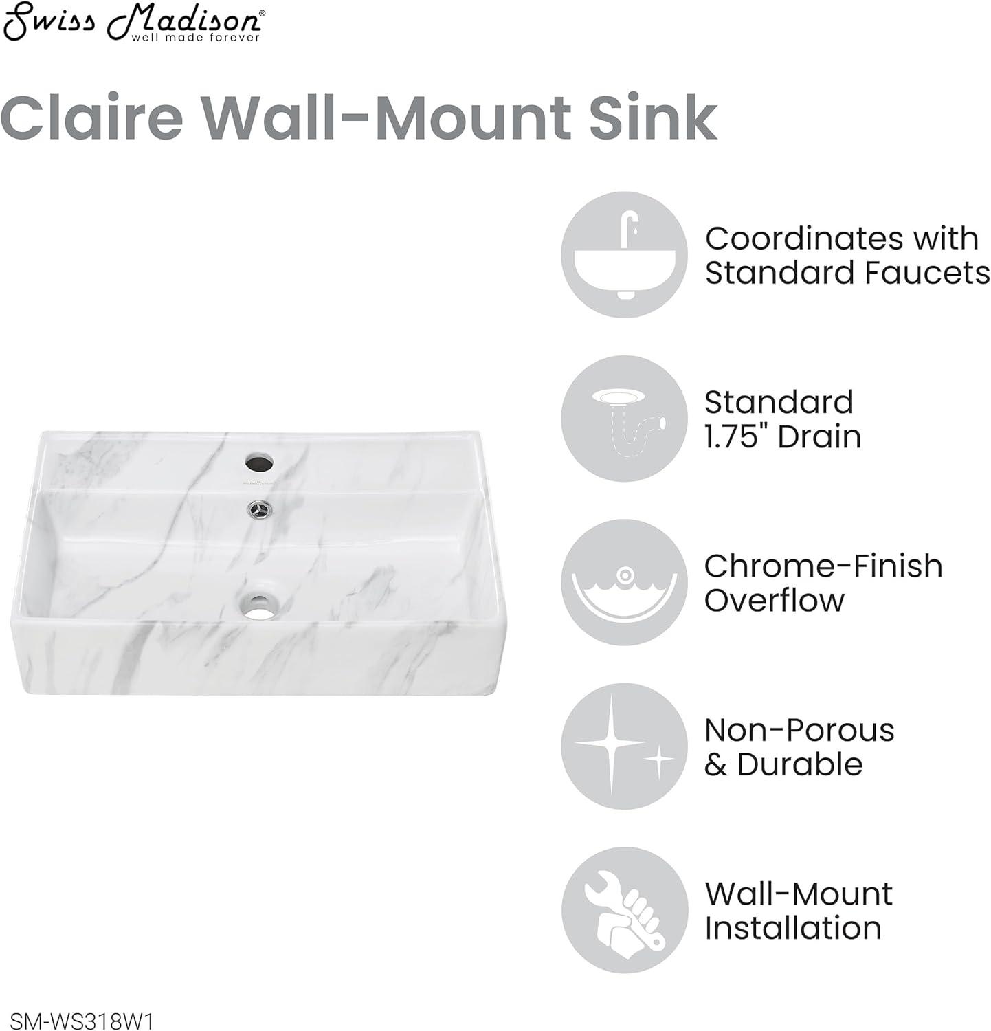 Claire 22" Rectangle Wall-Mount Bathroom Sink in White Marble