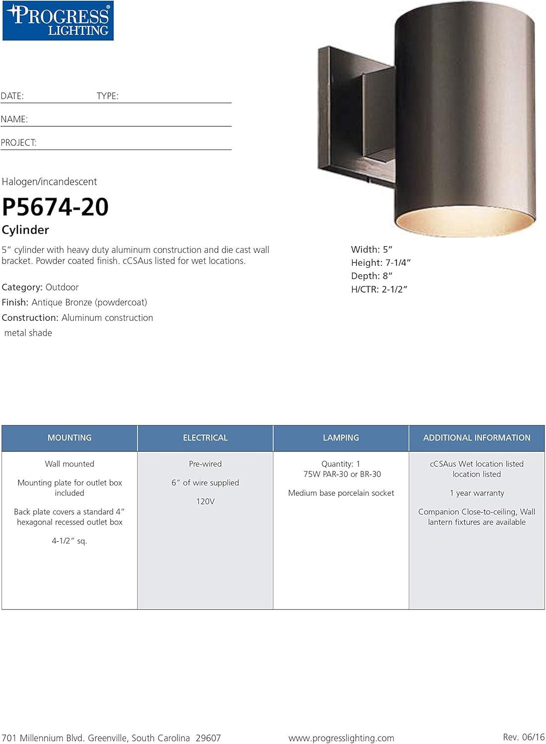 Progress Lighting, Cylinder Collection, 1-Light Wall Light, Antique Bronze, Porcelain Shade