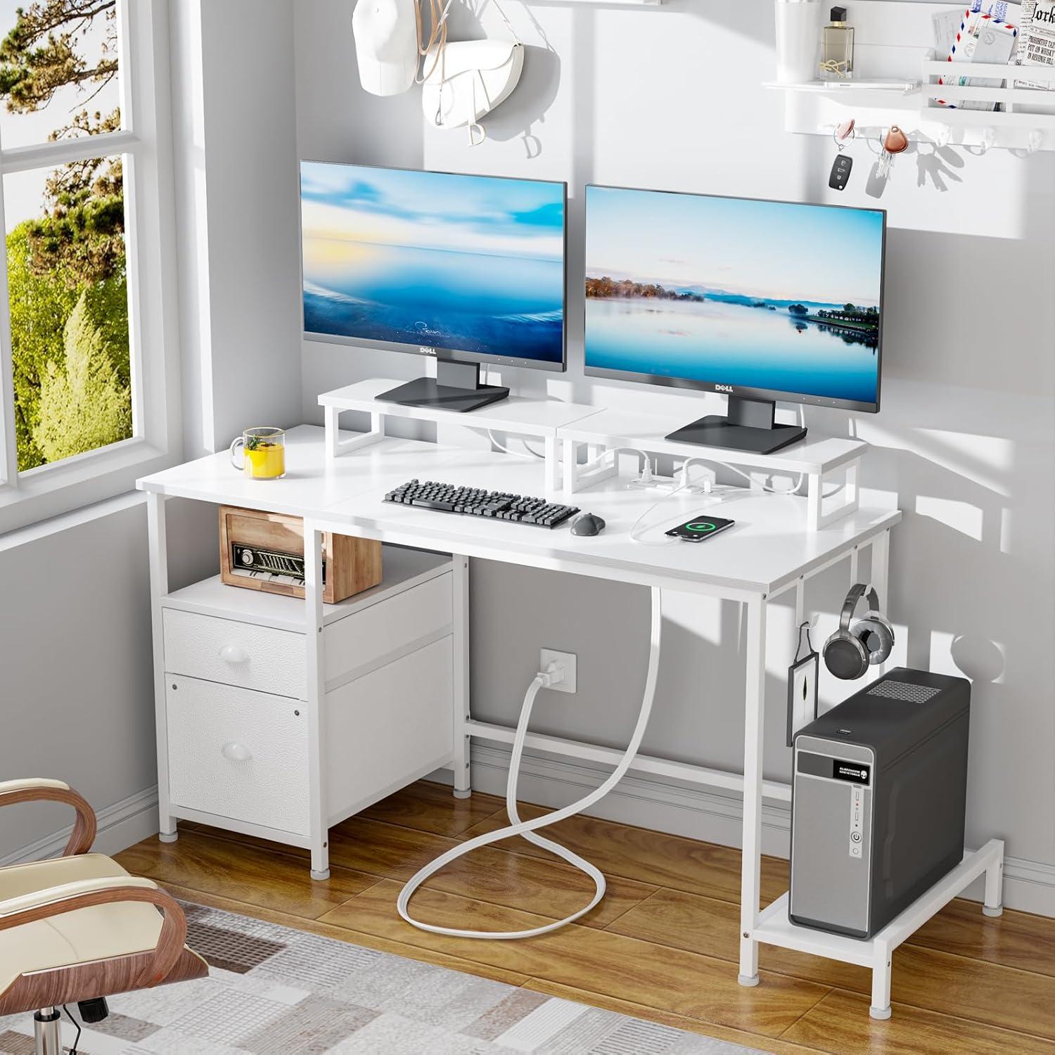 Furologee White 47" Computer Desk with Drawer & Power Outlets, Office Desk with 2 Monitor Stands & Fabric File Cabinet, Writing Gaming Table with Shelves & 2 Hooks for Home Office