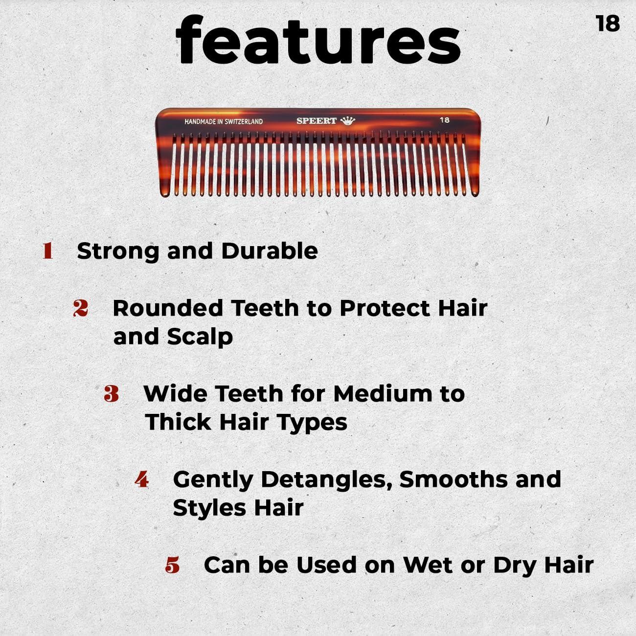 #18 Handmade Wide Tooth Comb Tortoise Havana Acetate Thick Coarse Curly Detangling Parting Grooming Teasing Hair Styling Hairdresser Barber Hairdressing Wet Dry Pocket Travel Women Men Kids