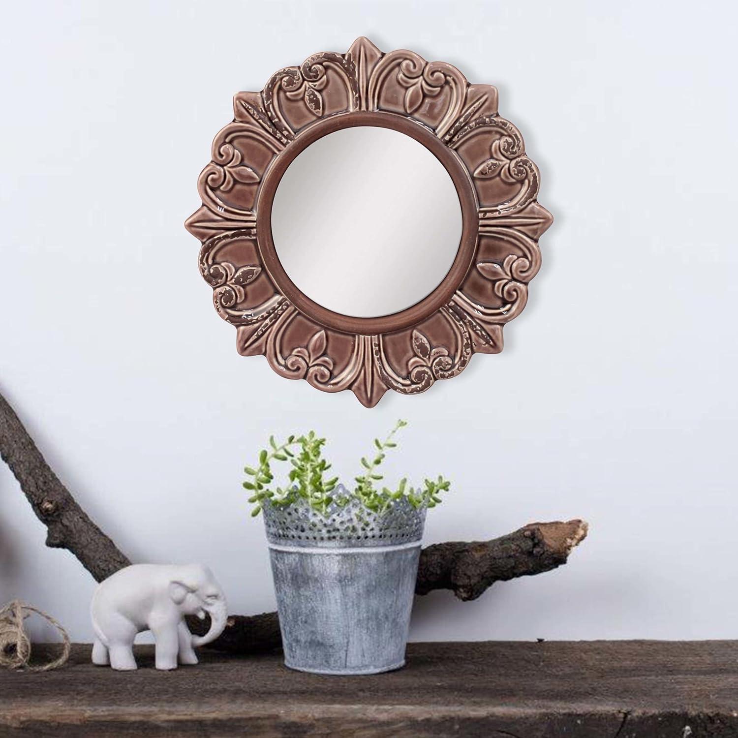 Elegant Parisian Fleur de Lis 9" Round Ceramic Wall Mirror in Warm Taupe