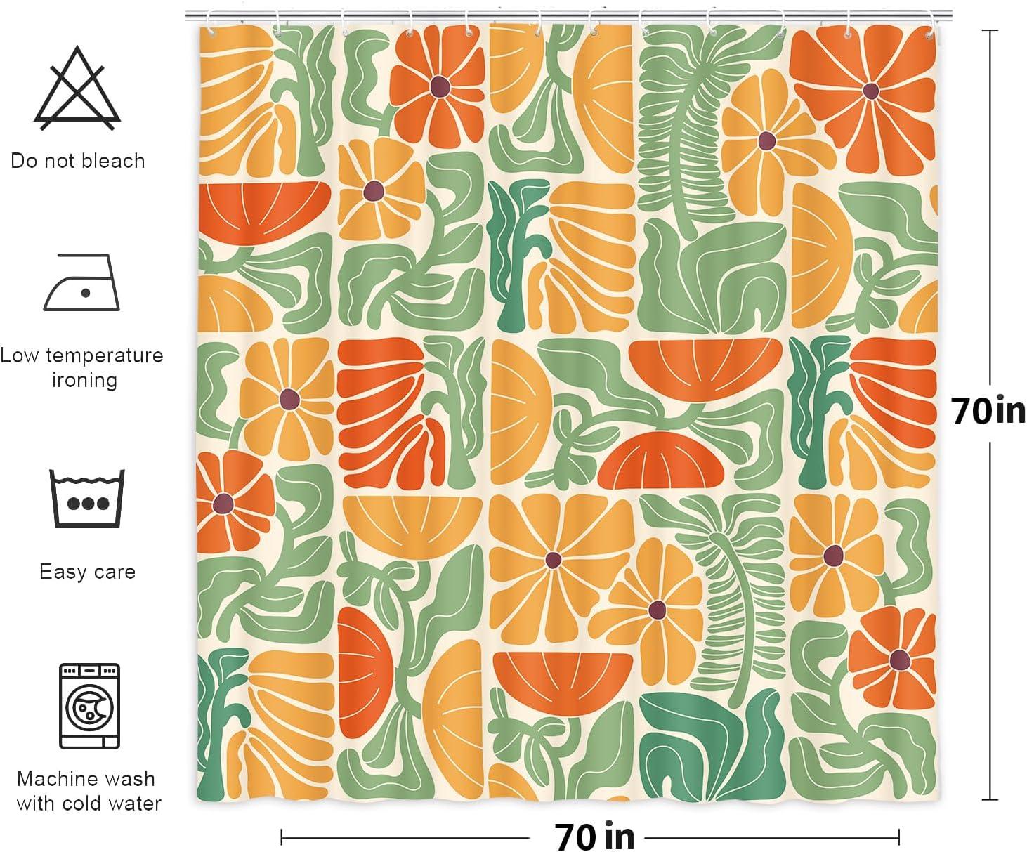 Lark Manor™ Boho Abstract Colorful Floral Shower Curtain, Vintage Retro Patchwork Orange Green Flower Botanical Geometric Bathroom Decor Shower Curtain Set With 17 Hooks,(Flower)